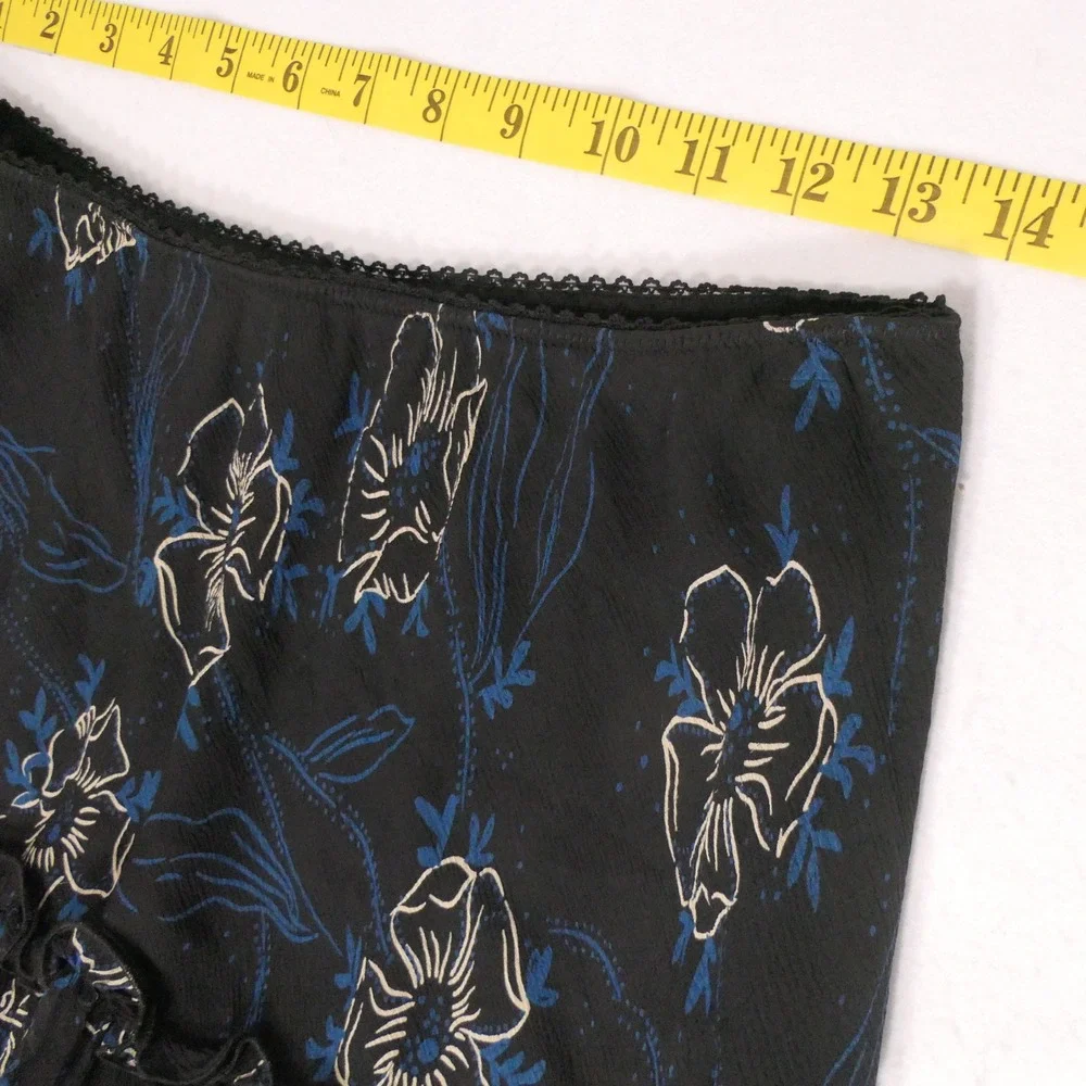 INC Women Silk Skirt 8 Black Midi Floral Tiered Lace Trim Romantic Feminine Goth